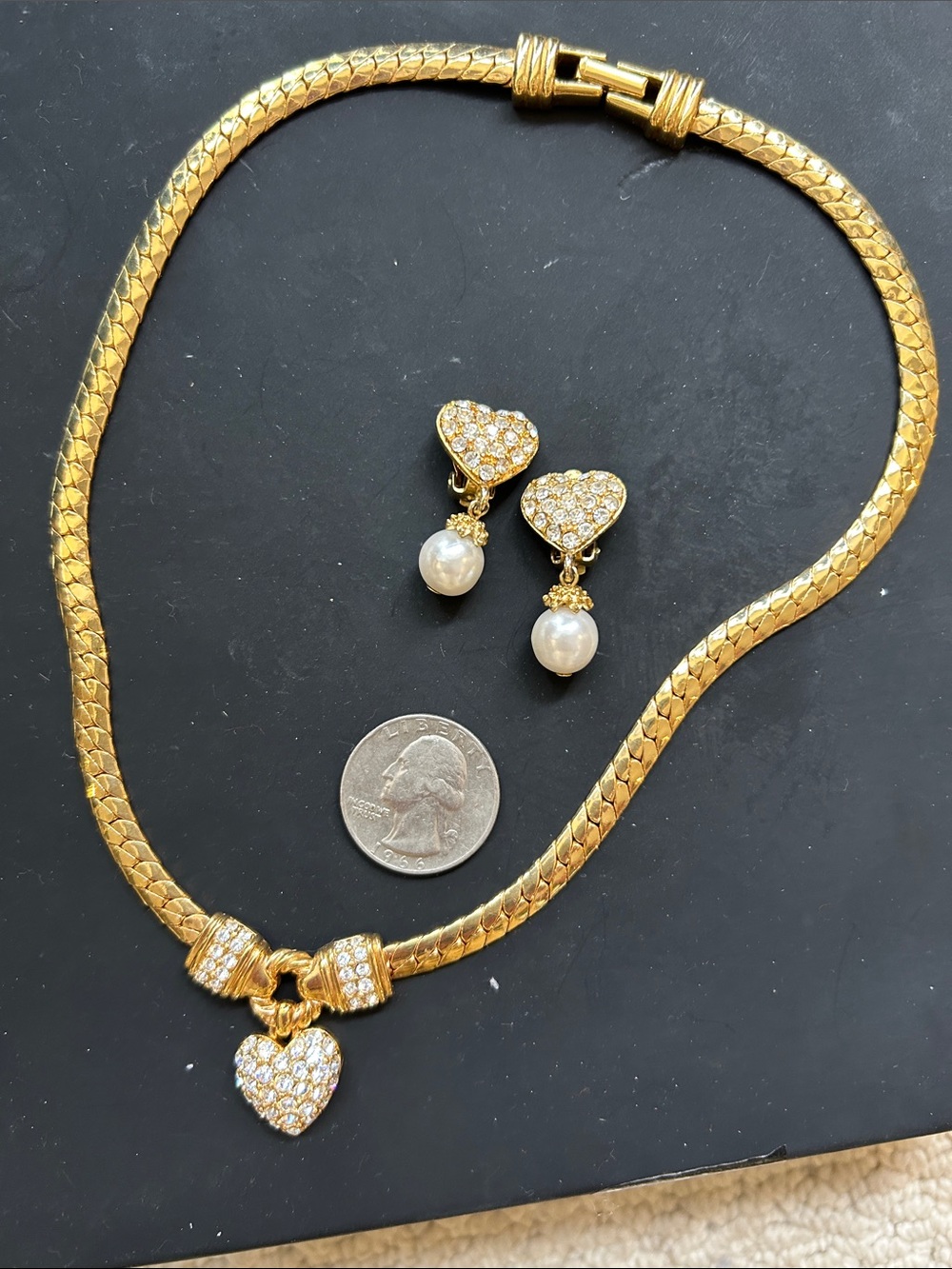 Gold Tone Crystal Pavé Heart Pendant Choker with clip earrings - Picture 6 of 6